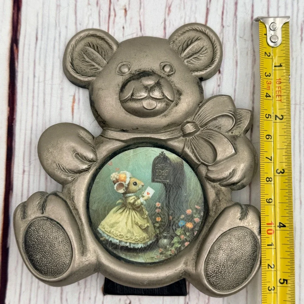 Vintage Teddy Bear Picture Frame Art Decoupage Mouse Pewter Tone USA Made